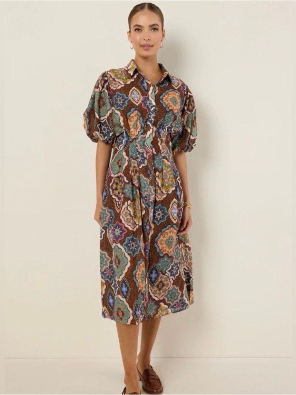 Boho Floral Midi Shirt Dress in Brown Multi